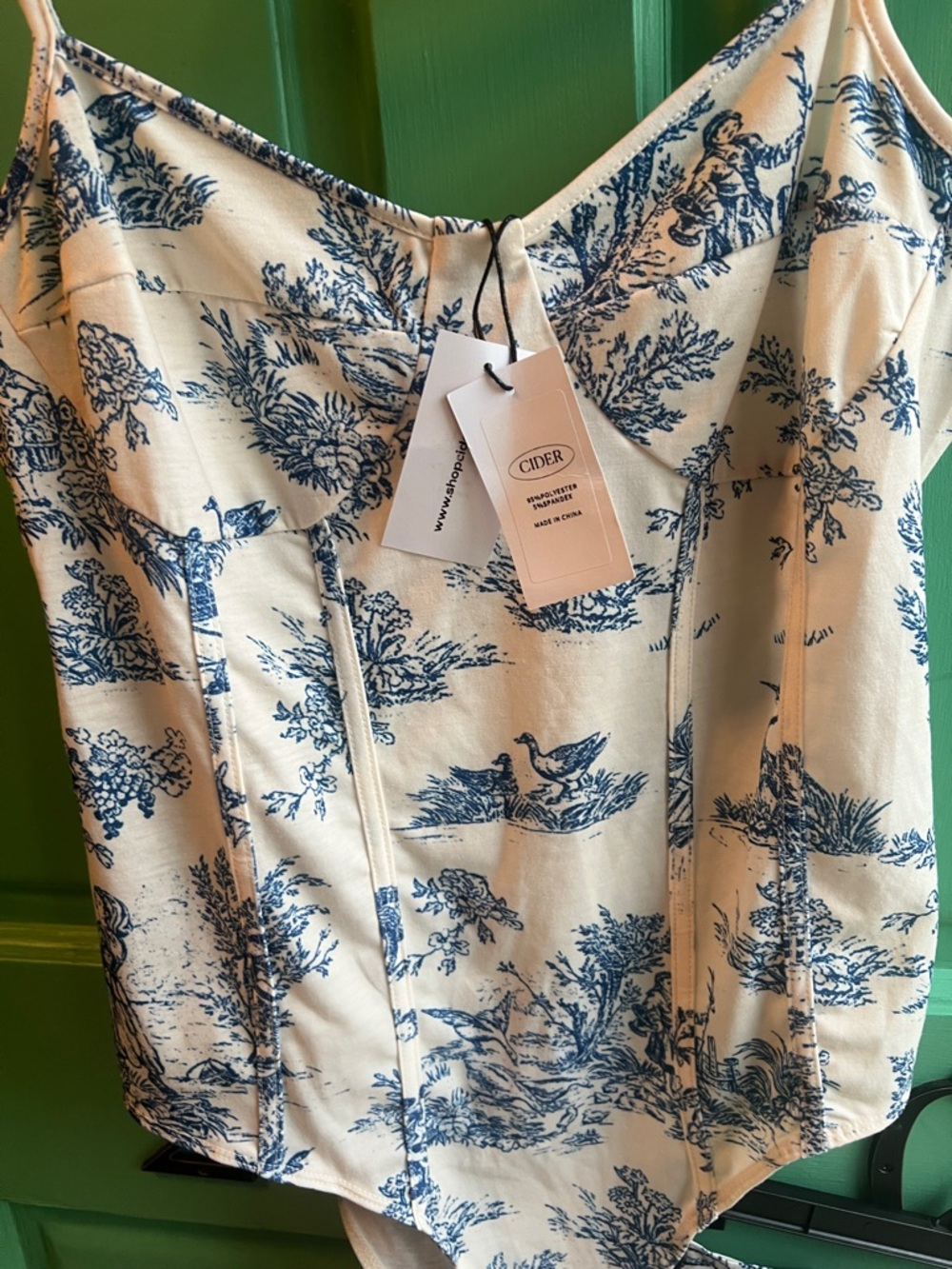 Cider Blue Toile Print Slip bodysuit on Cream